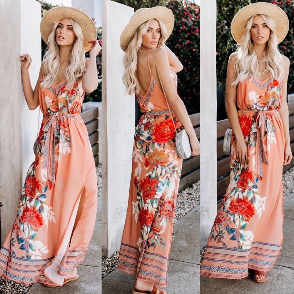 Boho Bohemian Printed Maxi Dress in Peach M